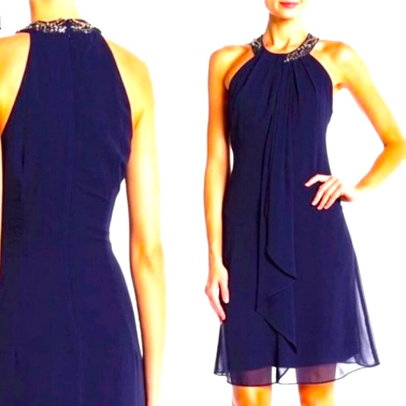 NWT SLNY Jewel Embellished Halter Mini Formal Dress in Navy Chiffon SZ 8 - Picture 3 of 8